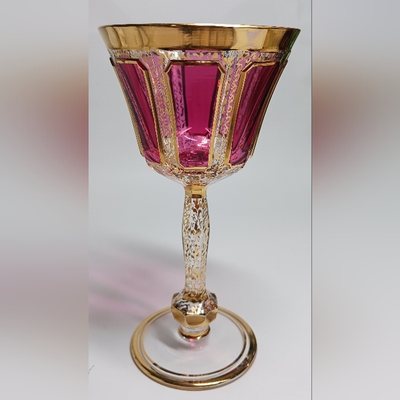 Vintage Moser Gilt Cranberry Panel Bohemian Cabochon Wine Glass 5.75" H - Picture 7 of 7